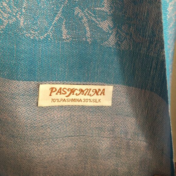 PASHMINA Cashmere Silk Paisley Fringed Shawl Teal Blue Silver Wrap Scarf 28x78 - Picture 5 of 13